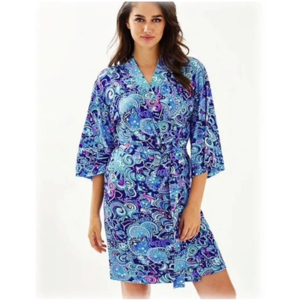 Lilly Pulitzer Gigi Coverup Tunic Cardigan Kimono Fringed Blue S/M (BL100THRIFTY